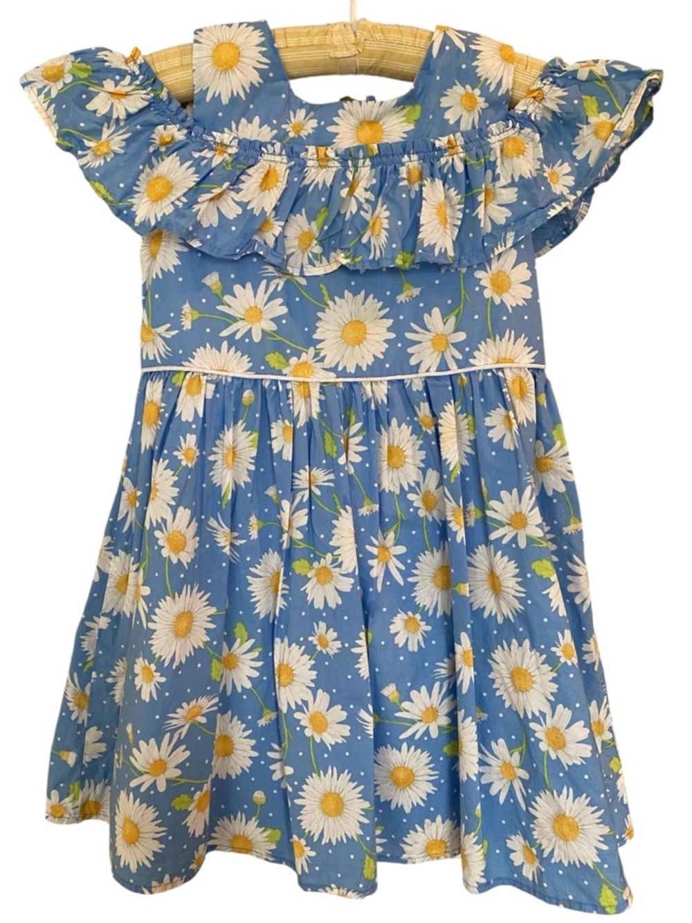 Cynthia Rowley blue daisy print dress with off-the-shoulder flutter sleeves.